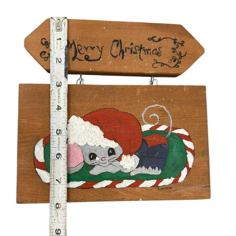 Hand Painted Christmas Mouse Wood Wall Hanging‎ Folk Art Merry Christmas Sign